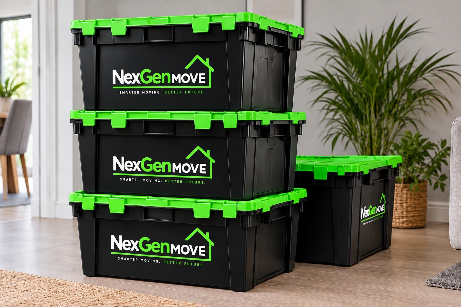 NexGen Move reusable moving crates with green lids